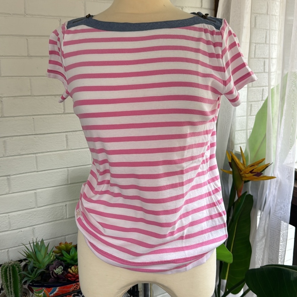 Lauren Ralph Lauren Short sleeve Stripe Top with chambray trim with zippers